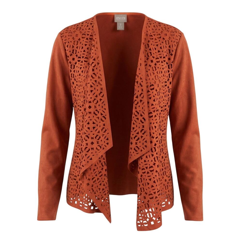 Chico's Women's L Boho Artsy Western Southwestern Laser Cut Open Front Cardigan‎